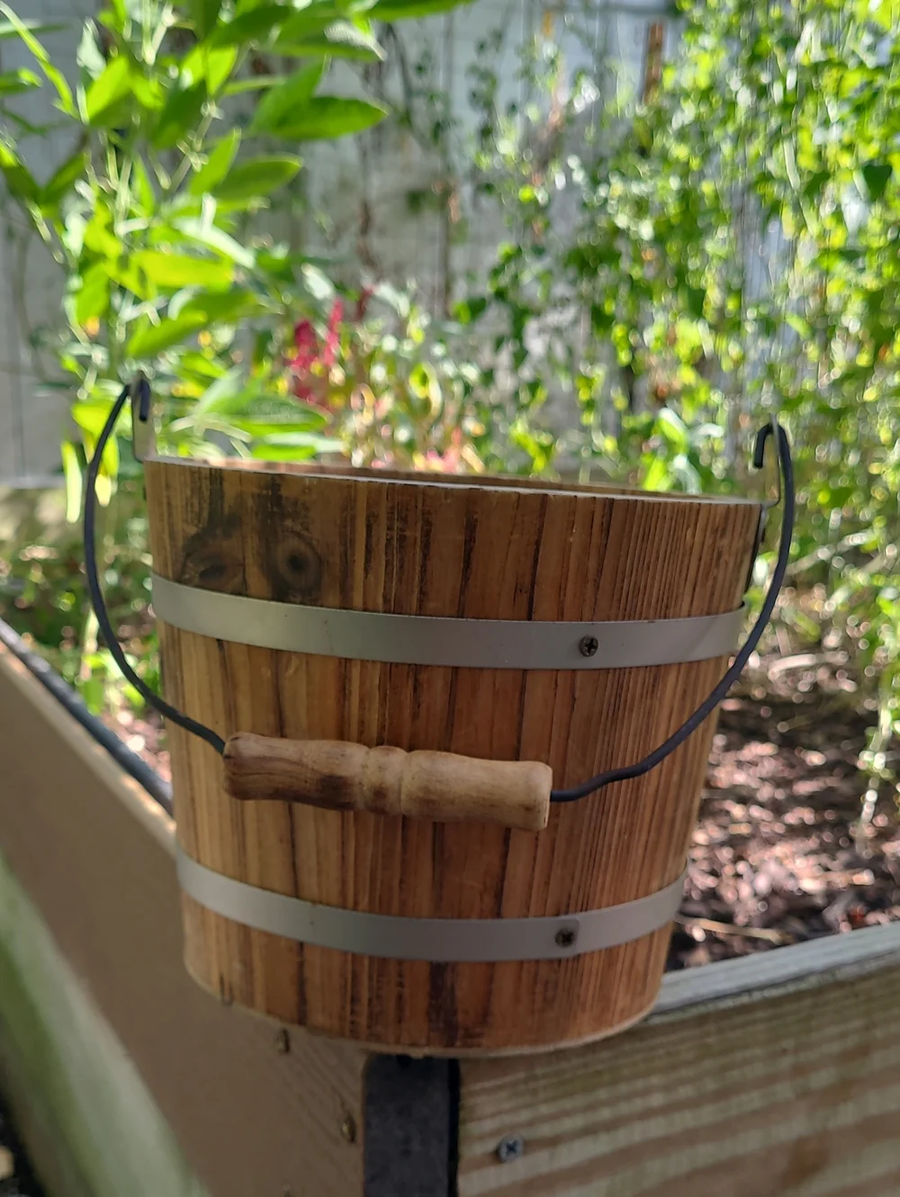 Vintage Wooden Hanging Bucket - Brown, Silver